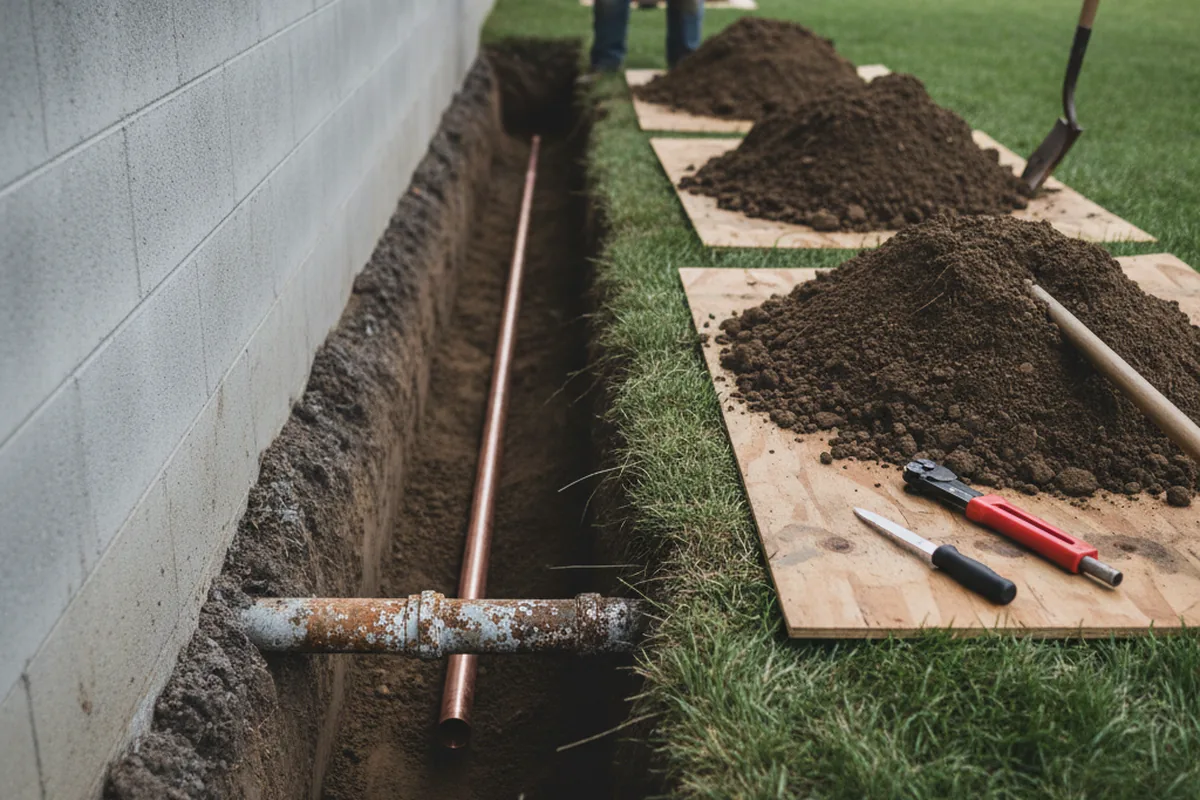 Excavated water line trench during Water Softener Installation in Watervliet